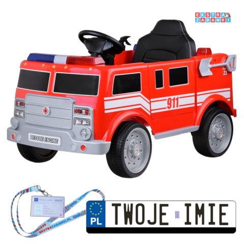 Wóz strażacki straż pożarna na akumulator - 2x25W 12V/4.5Ah, koguty, sygnał, radio, EVA, ekoskóra, pasy [PA0313]