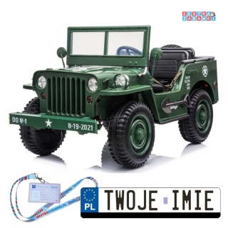 Wojskowe auto Willys trzyosobowe na akumulator - zielony, 4x45W 12V/14Ah, panel muzyczny, EVA, pilot [PA0249]