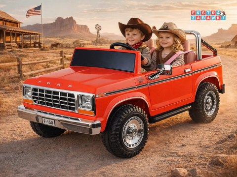 Klasyczny Ford Bronco dwuosobowy Pickup na akumulator - czerwony, 4x4 24V/7Ah, RVA, ekoskóra, pilot, Bluetooth [PA0338]