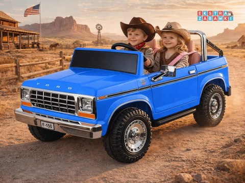 Klasyczny Ford Bronco dwuosobowy Pickup na akumulator - niebieski, 4x4 24V/7Ah, RVA, ekoskóra, pilot, Bluetooth [PA0338]