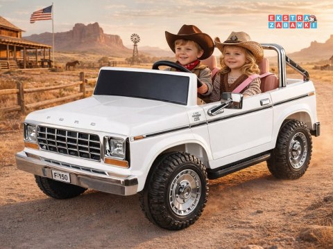 Klasyczny Ford Bronco dwuosobowy Pickup na akumulator - biały, 4x4 24V/7Ah, RVA, ekoskóra, pilot, Bluetooth [PA0338]