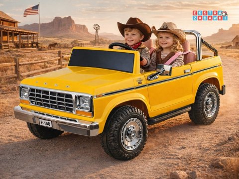 Klasyczny Ford Bronco dwuosobowy Pickup na akumulator - żółty, 4x4 24V/7Ah, RVA, ekoskóra, pilot, Bluetooth [PA0338]