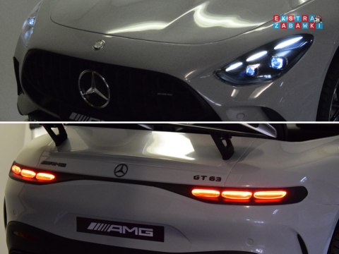 Mercedes AMG GT63 dwuosobowy na akumulator - szary, 4x200W 24V/7Ah, pilot, EVA, ekoskóra, pasy, LED, panel muzyczny [PA0341]
