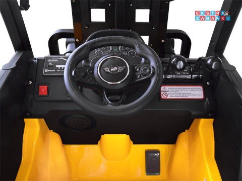 Wózek widłowy na akumulator - żółty, 2x25W 12V/10Ah, pilot, EVA, ekoskóra, pasy, efekty dźwiękowe [PA0255]