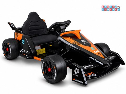 Bolid Formuła E McLaren NEOM na akumulator - pomarańczowy, 2x45W 12V/7Ah, pilot, EVA, pas, ekoskóra, panel muzyczny [PA0346]