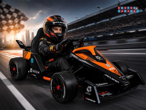 Bolid Formuła E McLaren NEOM na akumulator - pomarańczowy, 2x45W 12V/7Ah, pilot, EVA, pas, ekoskóra, panel muzyczny [PA0346]