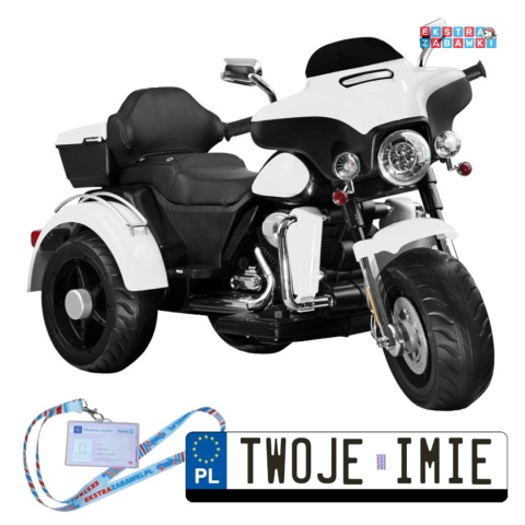 Motorek Chopper trójkołowy na akumulator - biały, 2x45W 12V/4.5Ah, kluczyki, EVA, panel muzyczny [PA0254]