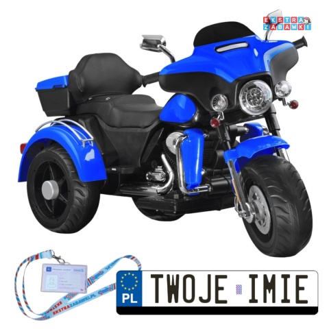 Motorek Chopper trójkołowy na akumulator - niebieski, 2x45W 12V/4.5Ah, kluczyki, EVA, panel muzyczny [PA0254]