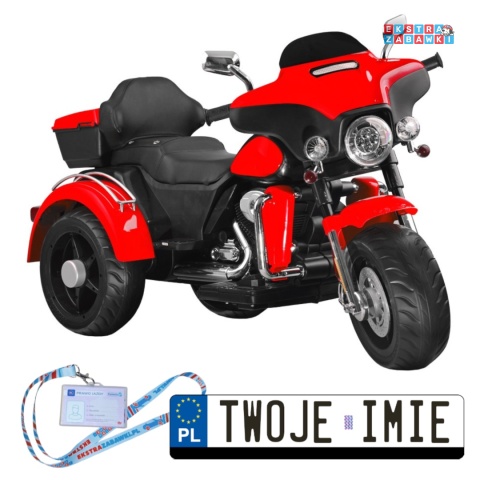 Motorek Chopper trójkołowy na akumulator - czerwony, 2x45W 12V/4.5Ah, kluczyki, EVA, panel muzyczny [PA0254]