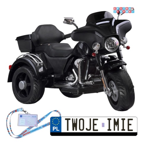 Motorek Chopper trójkołowy na akumulator - czarny, 2x45W 12V/4.5Ah, kluczyki, EVA, panel muzyczny [PA0254]
