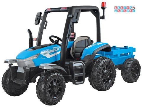 Duży traktor z przyczepą na akumulator - niebieski, 4x45W 12V/14Ah, pilot, LED, ekoskóra, pasy, panel muzyczny [PA0266]