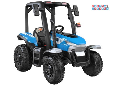 Duży traktor z przyczepą na akumulator - niebieski, 4x45W 12V/14Ah, pilot, LED, ekoskóra, pasy, panel muzyczny [PA0266]