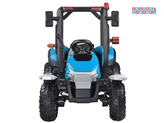Duży traktor z przyczepą na akumulator - niebieski, 4x45W 12V/14Ah, pilot, LED, ekoskóra, pasy, panel muzyczny [PA0266]
