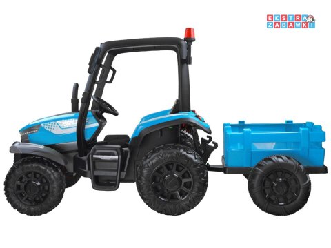 Duży traktor z przyczepą na akumulator - niebieski, 4x45W 12V/14Ah, pilot, LED, ekoskóra, pasy, panel muzyczny [PA0266]