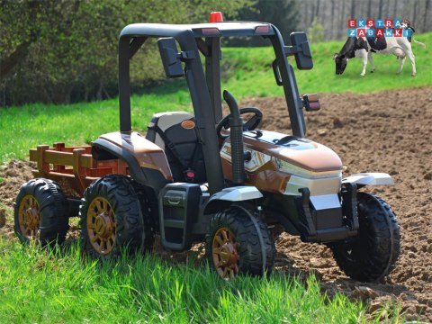 Duży traktor z przyczepą na akumulator - niebieski, 4x45W 12V/14Ah, pilot, LED, ekoskóra, pasy, panel muzyczny [PA0266]