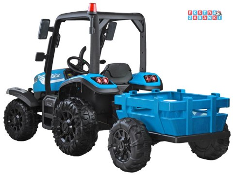 Duży traktor z przyczepą na akumulator - niebieski, 4x45W 12V/14Ah, pilot, LED, ekoskóra, pasy, panel muzyczny [PA0266]