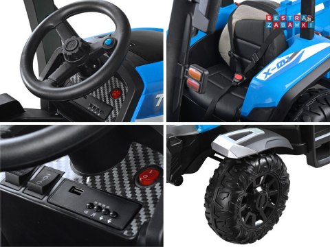 Duży traktor z przyczepą na akumulator - niebieski, 4x45W 12V/14Ah, pilot, LED, ekoskóra, pasy, panel muzyczny [PA0266]