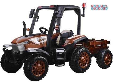Duży traktor z przyczepą na akumulator - brązowy, 4x45W 12V/14Ah, pilot, LED, ekoskóra, pasy, panel muzyczny [PA0266]