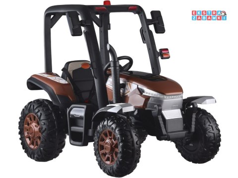 Duży traktor z przyczepą na akumulator - brązowy, 4x45W 12V/14Ah, pilot, LED, ekoskóra, pasy, panel muzyczny [PA0266]