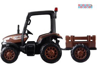 Duży traktor z przyczepą na akumulator - brązowy, 4x45W 12V/14Ah, pilot, LED, ekoskóra, pasy, panel muzyczny [PA0266]