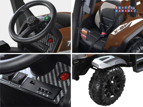 Duży traktor z przyczepą na akumulator - brązowy, 4x45W 12V/14Ah, pilot, LED, ekoskóra, pasy, panel muzyczny [PA0266]