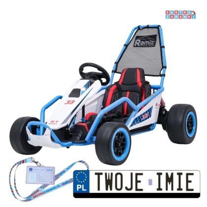 Gokart Tornado z funkcją driftu na akumulator - niebieski, 2x150W 24V/7Ah, pięciopunktowe pasy, ekoskóra [DM-108.DRIFT]