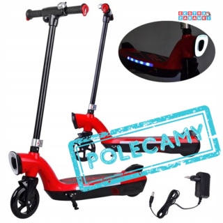 Czerwona hulajnoga elektryczna dla dzieci - 1x45W 12V/7Ah, do 11km/h, do 50kg, oświetlenie LED [SP0737]