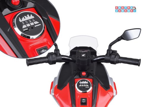 Motorek HONDA NC750X na akumulator - czerwony, 2x35W 12V/4.5Ah, panel muzyczny, LED, boczne kółka, elektryczny hamulec [PA0314]