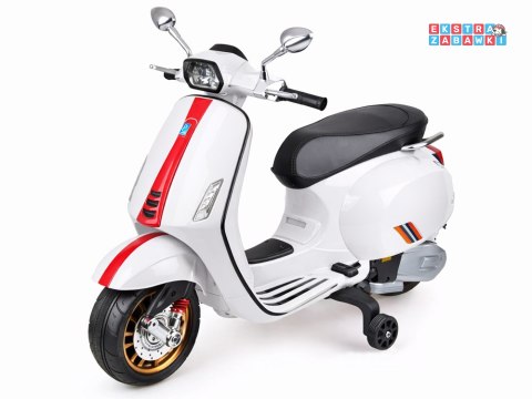 Motorek skuter VESPA na akumulator - biały, 2x25W 12V/4.5Ah, wolny start, panel muzyczny, elektryczny hamulec [PA0344]
