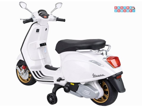 Motorek skuter VESPA na akumulator - biały, 2x25W 12V/4.5Ah, wolny start, panel muzyczny, elektryczny hamulec [PA0344]