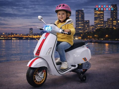 Motorek skuter VESPA na akumulator - biały, 2x25W 12V/4.5Ah, wolny start, panel muzyczny, elektryczny hamulec [PA0344]