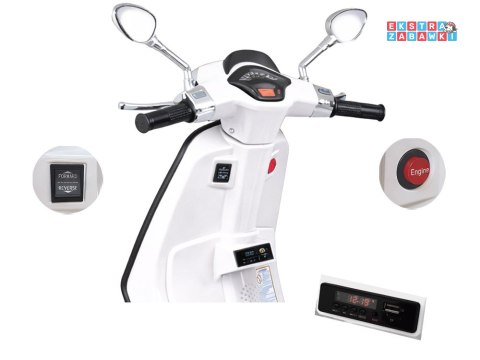 Motorek skuter VESPA na akumulator - biały, 2x25W 12V/4.5Ah, wolny start, panel muzyczny, elektryczny hamulec [PA0344]