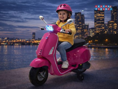 Motorek skuter VESPA na akumulator - różowy, 2x25W 12V/4.5Ah, wolny start, panel muzyczny, elektryczny hamulec [PA0344]