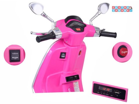 Motorek skuter VESPA na akumulator - różowy, 2x25W 12V/4.5Ah, wolny start, panel muzyczny, elektryczny hamulec [PA0344]