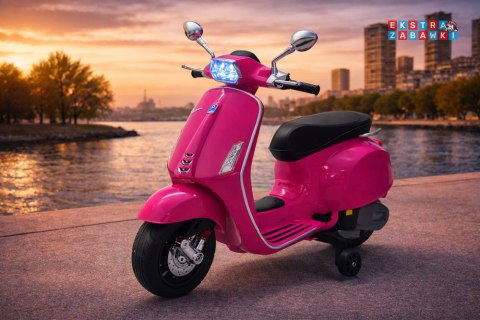Motorek skuter VESPA na akumulator - różowy, 2x25W 12V/4.5Ah, wolny start, panel muzyczny, elektryczny hamulec [PA0344]