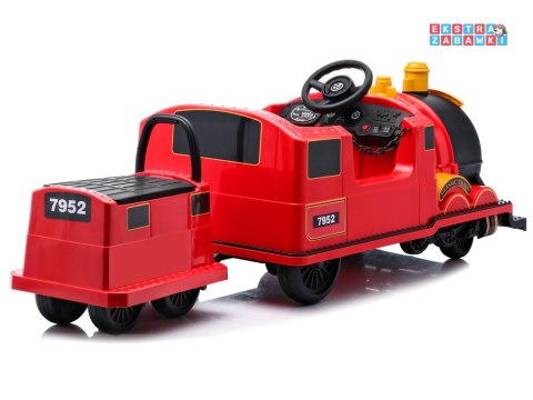 Pociąg lokomotywa i wagonik na akumulator - czerwony, 2x35W 12V/7Ah, pilot, pas, LED, panel muzyczny [PA0348]