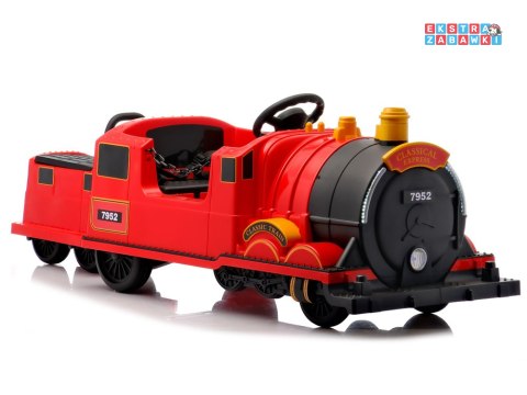 Pociąg lokomotywa i wagonik na akumulator - czerwony, 2x35W 12V/7Ah, pilot, pas, LED, panel muzyczny [PA0348]