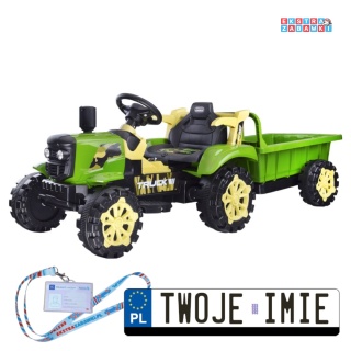 Zielony mały traktor z przyczepą na akumulator - 2x2 6V/7Ah, koła z pgumową opaską, przyczepa z możliwością kiprowania [PA0234]