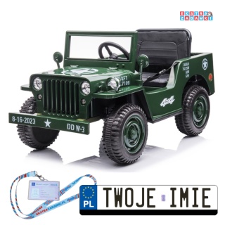 Wojskowe auto Willys na akumulator - zielony, 4x25W 12V/7Ah, EVA, panel muzyczny, pilot [PA0263]