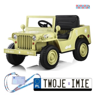 Wojskowe auto Willys na akumulator - beżowy, 4x25W 12V/7Ah, EVA, panel muzyczny, pilot [PA0263]