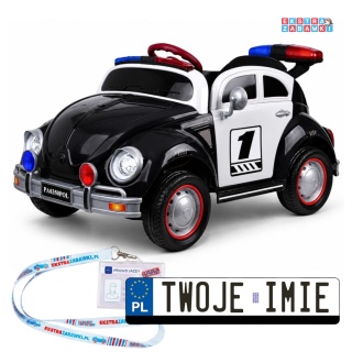 Policja radiowóz garbus na akumulator - czarny, 4x45W 12V/12Ah, pilot, EVA, panel muzyczny, efekty LED, bujanie [PA0350]