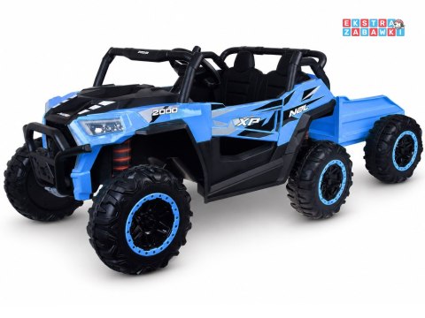 Buggy z przyczepą dwuosobowy na akumulator - niebieski, 4x4 24V/7Ah, do 8 km/h, pilot, EVA, ekoskóra, wolny start, pas [PA0342]