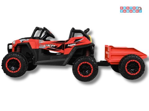 Buggy z przyczepą dwuosobowy na akumulator - czerwony, 4x4 24V/7Ah, do 8 km/h, pilot, EVA, ekoskóra, wolny start, pas [PA0342]