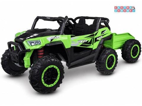Buggy z przyczepą dwuosobowy na akumulator - zielony, 4x4 24V/7Ah, do 8 km/h, pilot, EVA, ekoskóra, wolny start, pas [PA0342]
