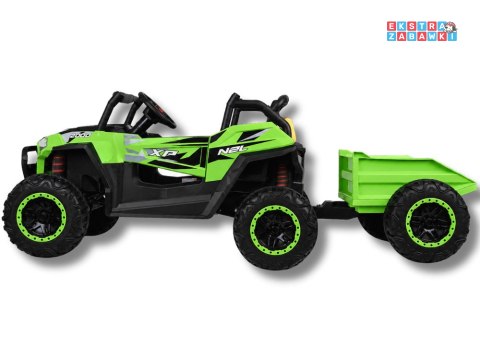 Buggy z przyczepą dwuosobowy na akumulator - zielony, 4x4 24V/7Ah, do 8 km/h, pilot, EVA, ekoskóra, wolny start, pas [PA0342]