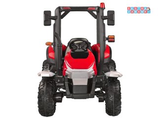 Duży traktor z przyczepą na akumulator - czerwony, 4x45W 12V/14Ah, pilot, LED, ekoskóra, pasy, panel muzyczny [PA0266]
