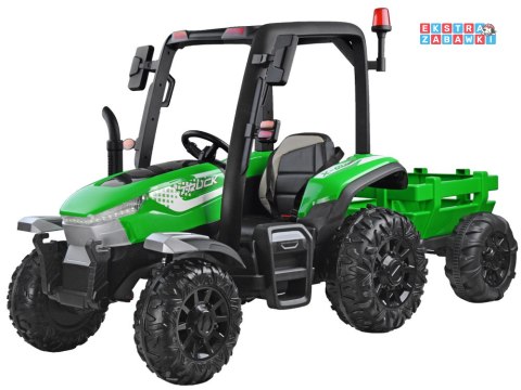 Duży traktor z przyczepą na akumulator - zielony, 4x45W 12V/14Ah, pilot, LED, ekoskóra, pasy, panel muzyczny [PA0266]