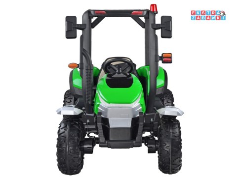 Duży traktor z przyczepą na akumulator - zielony, 4x45W 12V/14Ah, pilot, LED, ekoskóra, pasy, panel muzyczny [PA0266]