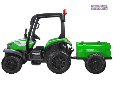 Duży traktor z przyczepą na akumulator - zielony, 4x45W 12V/14Ah, pilot, LED, ekoskóra, pasy, panel muzyczny [PA0266]