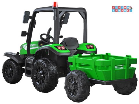 Duży traktor z przyczepą na akumulator - zielony, 4x45W 12V/14Ah, pilot, LED, ekoskóra, pasy, panel muzyczny [PA0266]